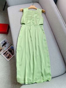 2024 Summer Green Striped Print Panelled Dress Sleeveless V-Neck Buttons Midi Casual Dresses W4W174332