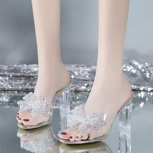 Dress Shoes Wind Summer New Sandals Transparent Sexy Crystal High-heeled Outer Wear Net Red Thick Heel Comfortable Womens H240517