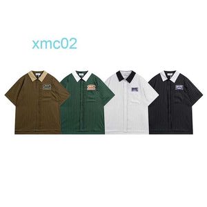 2024 Summer New Rhude Polo Collar Short Sleeved Shirt Letter Embroidered Button Striped for Men and Women