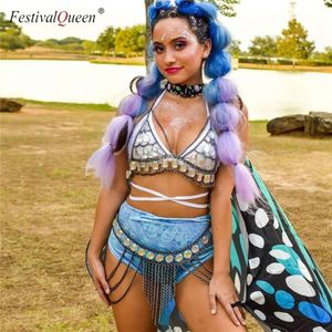 FestivalQueen Women's Sequins Metal Body Chain Patchwork 2 Piece Skirt Set Festival Rave Outfits Bra Top Summer 2022 Sexy Costumes