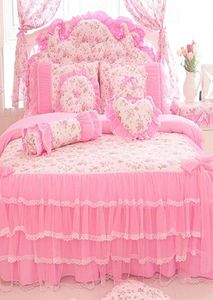 Set di biancheria da letto a letto in pizzo rosa in stile coreano King Queen size 4pcs Princess Wuvet Coperpedri Copernamiche Calcole Cotone Hom4629047