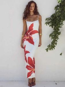 Sukienki z pasa startowego Mozision Floreal Print Długość sukienki dla kobiet Summer New Spaghetti Pasek Slveless Backless Bodycon Sexy Midi Sukienka Elegancka T240518