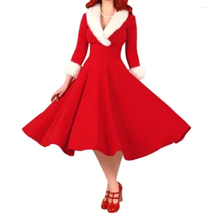 Lässige Kleider rote elegante Frauen Kostüme Winter Weihnachtskleid 2024 V-Ausschnitt Langarm Faux Pelzkragen Party Abschlussball Weihnachtsjahr Midi Robe