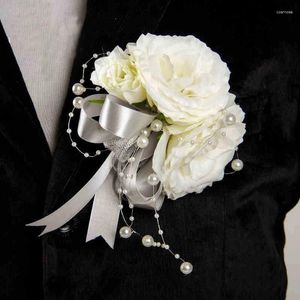 Decorative Flowers DIY Groom Boutonniere Men Corsage Sliver White Pearls Silk Rose Wedding Home Party Decoration AQ14