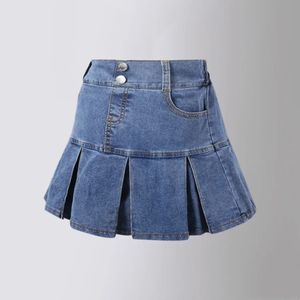 Детская голубая плиссированная джинсовая юбка летняя юбка для All-Match A-Line для девочек модные пуговицы дизайн подростковые детские детские танцевальные юбки 240518