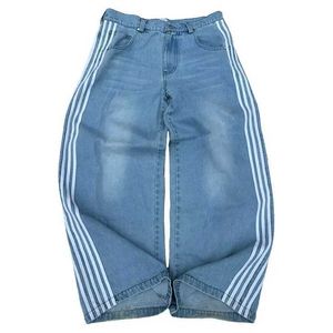 Women's Pants Capris Y2k High Waisted Distressed Stripe Baggy Blue Jeans Korean Fashion Casual Style Straight Pants Classic Simple Trousers T240515