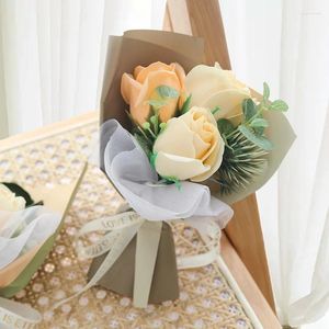 Decorative Flowers Artificial Rose Diy Finished Flower With Wrapping Paper Dry Bouquets Wedding Party Hand Gift Home Table Decor