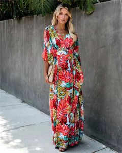 基本的なカジュアルドレスプラスサイズの女性夏のゆるい着物ロングスカートバッグVネック3/4スリーブフローラルプリント縫製ロングドレスJ240516