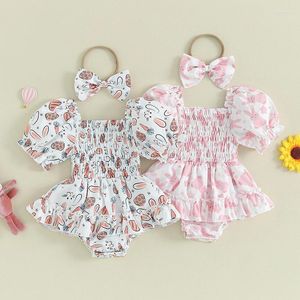 Kläder sätter baby flicka påsk outfit kort ärm utanför axeln tryck a-line romper klänning med båge pannband 2 stycken kläder set