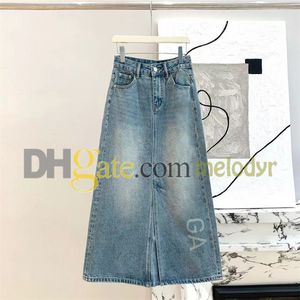 Denim kjolar brev skriva ut en linje jean kjol kvinnor hög midja smal split klänning retro designer denim kjol