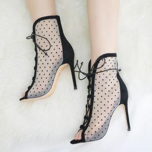 Botas Roni Bouker Lady Fashion Design Sapatos Mulher Black Polka Dot Summer Booties Mulheres Lace-up High Heel Shoe Peep Toe