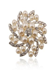 2 tum Rhodium Silver Plated Clear Crystal and Ivory Pearl Wedding Brosch Bouquet Pins Accessory9880726