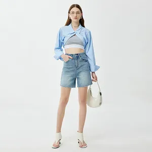 Women's Jeans Hey High-End Simple All-Matching Denim Shorts 2024 Summer Contrast Color High Waist Micro Elastic