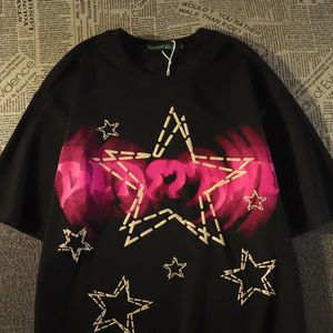 American Retro Ins Trendy T Shirts Stars Cotton Tryckt Kort ärm Y2K Män och kvinnor Summer Harajuku Loose Couples Goth Top 240517