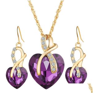 Orecchini collana set di gioielli set ragazza Gold Heart Shape Austrian Crystal Pendants Set di collane per donne Lady Party Gift Fashion Char Dhlcj