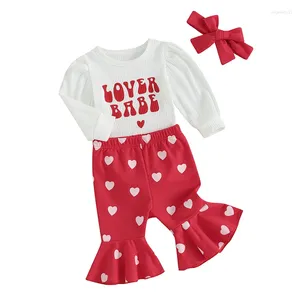 Clothing Sets Spring Valentine's Day Infant Baby Girls White Long Sleeve Romper Tops Heart Print Flared Pants Headband Set