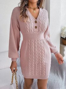 Casual Dresses Autumn Women's Sweater Dress Button V-Hals Fried Ded Twists Lantern Sleeve Hip Wrap Office Ladies Elegant Knitwear Robe