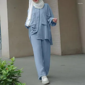 Ethnic Clothing Dubai Abaya Muslim Women Dress Long Sleeved Shirt Pants 2pc Set Vintage Solid Color Regular Fit Prayer Female 2024