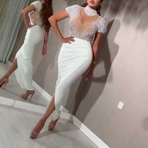 Abiti da passerella eleganti perle donne vestidos de nolia patchwork slve slve abito da sposa bianco sexy slivo dritta dritta da sera t240518