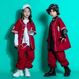 Kids Teenage Streetwear Hip Hop Clothing Red Shirt Tops Casual Cargo Jogger Pants For Girl Boy Jazz Dance Costume Rave Clothes 240517