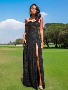 Landebahnkleider romagische ein Slve trägerloser langer Ballkleid Kleider Split Bein hohl aus gepolstert schwarze glitzernde Party Maxi Kleid Sommer T240518