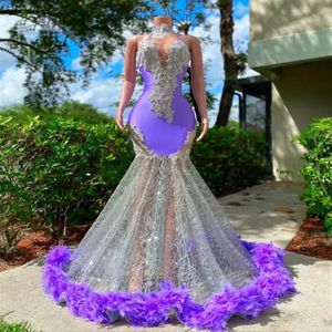 Luxury Purple Feathers Prom Dresses For Black Girls Sexig halter Neck Mermiad klänningar för födelsedagsfest bär formella aftonklänningar 3064