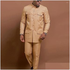 Mens Tracksuits Dress Single-Breasted Suit Two-Piece Shirt Solid Color Iong Sleeve Social African National Style Clothing Drop Deliver Dhx0E