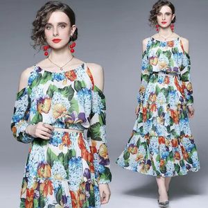 Designer's new summer off shoulder suspender top half length skirt printed set two-piece set