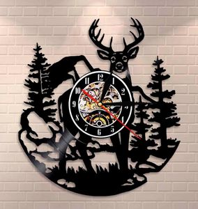 Birch Tree Forest Deer Wall Art Loodlands Buck Wall Decor Winyl Record Clock Mancave Hunting Club Animals Vintage Zegar ścienny 201111038825