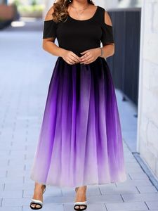 Womens Plus Size Ombre Print Cold Shoulder Maxi Dress Slight Stretch Elegant Short Sleeve Long Prom 240506
