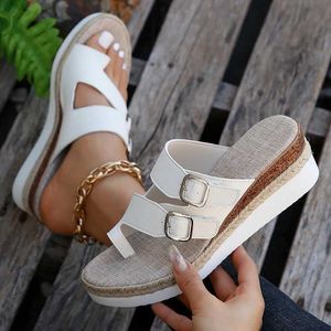 Slippare Lucyever dubbel spänne kil kilade sandaler Kvinna Summer Clip Toe Platform Kvinnor Bekväm tjock Sole Flip Flops 43 H240517