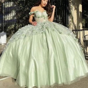 Off Shoulder Princess Quinceanera Dresses 3D Floral Ball Gowns for Women Lace And Satin Prom Dress with Train Sweet 16 Dress Vestidos De 15 Anos