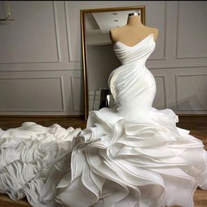 Robe de Mariee Mermaid Wedding Dresses 2021 Sweetheart Organza Cathedral Train Ruffles kjol Custom Made Trumpet Bridal klänningar 3000