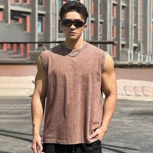 2024 summer cotton mens vest casual wide shoulder crew neck sleeveless top Jogger exercise fitness sports menswear 240518