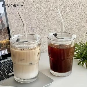 Water Bottles 1PCS 400ml Stripe Glass Cup Transparent Glasses With Lid And Straw Ice Coffee Mug Tea Juice Milk Drinkware