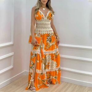 2024 Yaz Kadınları Maxi Elbise V yaka seksi çiçek baskı kontrast dantel panel etek etek 240430