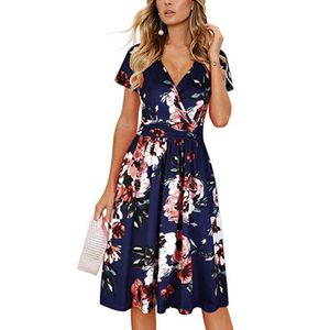 기본 캐주얼 드레스 여성 새로운 여름 인쇄 V- 넥 디자인 기질 중간 길이 드레스 Y240515