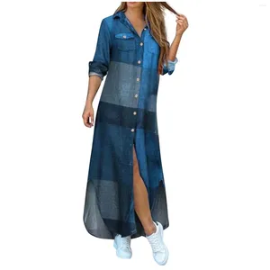 Casual Dresses Long Dress Autumn Sleeve Shirt Women Denim Pocket Button Print Loose 2024