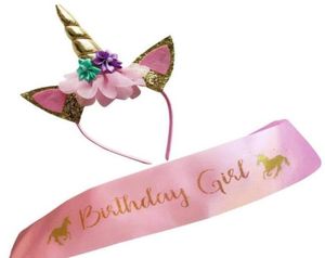 Unicorn Birthday Girl Set Shiny Gold Glitter Unicorn Headband and Birthday Girl Sash Perfect Unicorn Theme Birthday Party Favors p9154704