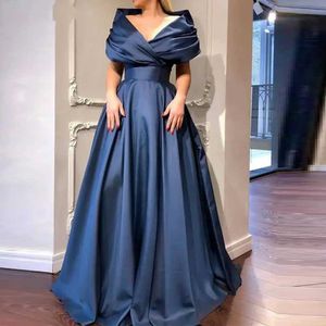 Runway Dresses V Collar Gorgeous Silk Satin Ball Gown Prom Dress Elegant Dark Blue Evening Dress Off The Shoulder Floor Lenght Custom Size xp06 T240518