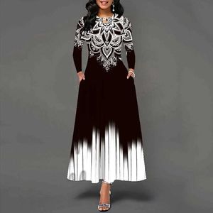 Plus-Size-Kleider Plus Größe Herbst Winter Langes Kleid Frauen Schwarz Langer Slve O-Neck Pocket Elegant Kleider Party Casual Print Vintage Kleid 2023 T240518