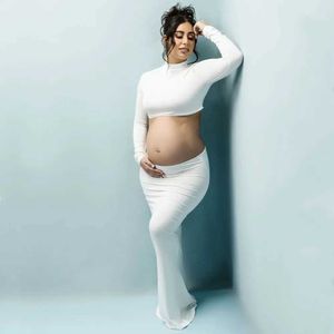 Moderskapstoppar Tees Stretchy 2-i-1 Maternity Photography Set Hela uppsättningar med korta ärmstoppar och kjolar Moderskapsfotografering H240518