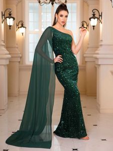 Runway Dresses One Shoulder Slveless Grn Sequined Maxi Dress Evening Party Prom Gown for Women T240518