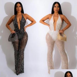 Pontas de duas peças de duas peças moda altos macacões sólidos stone stones sexy festas roupas de festa mangas com borla de backless backless halter gota entrega de vestuário c dhsun