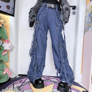 Pantaloni da donna rock punk patchwork a cintura sciolta jogger hip-hop harem binari jeans coreano harajuku pantalone pantalone cotone