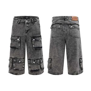American style washed old designer jean short multi-pocket wide leg straight black denim shorts for men knee length
