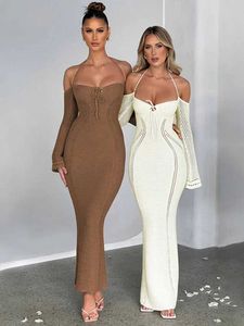 Runway Dresses Mozision Hollow Out Backless Knitted Sexy Maxi Dress For Women Autumn New Off-shoulder Strapless Bodycon Long Dress Elegant T240518