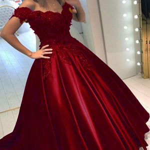 Off Shoulder Appliques Beaded Satin Formal Prom Evening Dresses Long Ball Gown Quinceanera Sweet 16 Navy Blue Purple Burgundy 304P