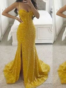 Runway Dresses Sexy Strap Formal Evening Mermaid Dress Luxury Sequined Party Shiny Dresses Popular High Slit Prom Gown Exquisite Vestido T240518