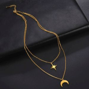 Nordstern Mond Anhänger Halskette für Frauen Edelstahl Halsketten Choker Doppelschicht Schmuck Schlüsselblatt Kette Geschenk